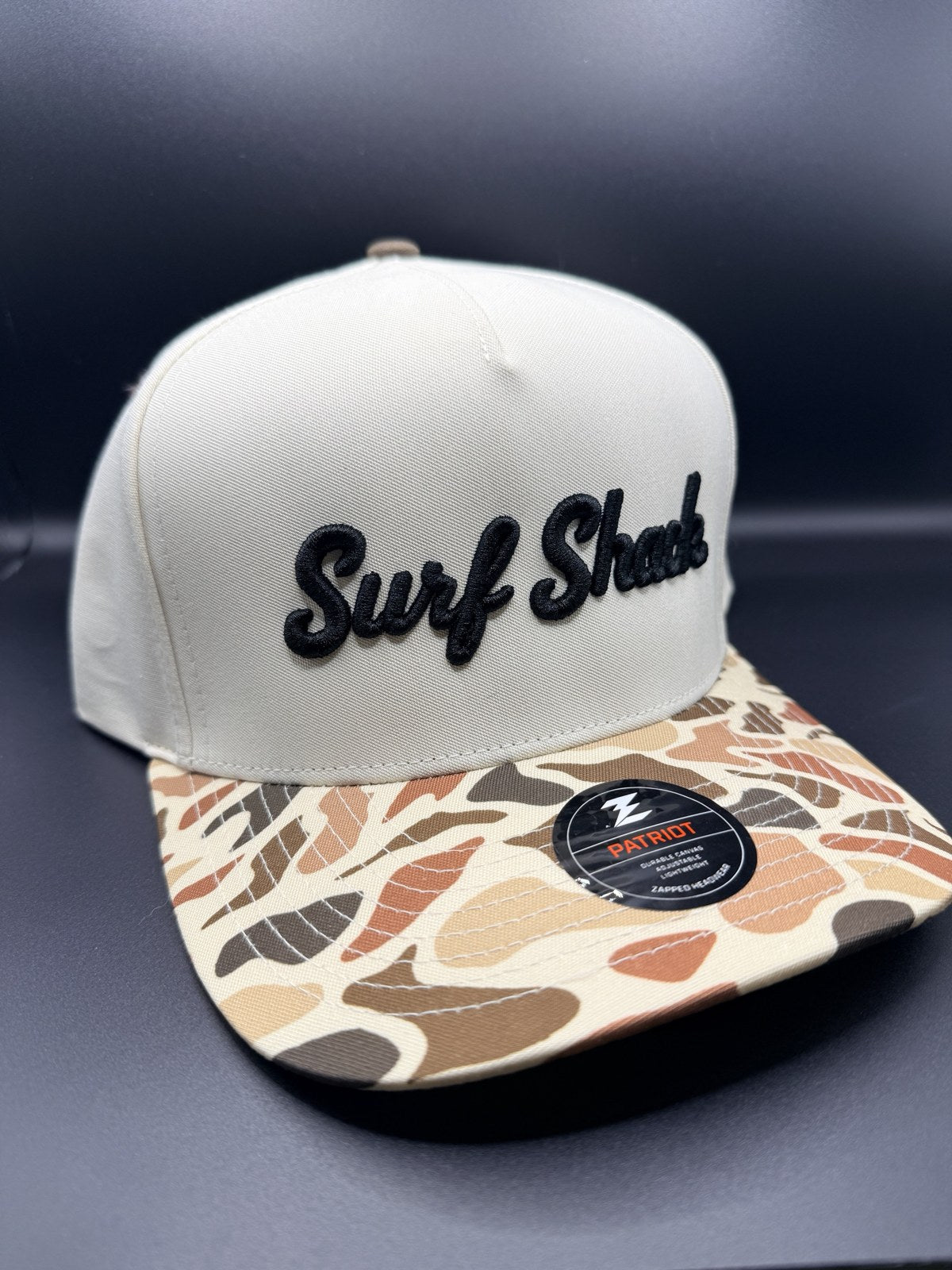 Surf Shack Hat, Tan crown, duck-camo brim, black script