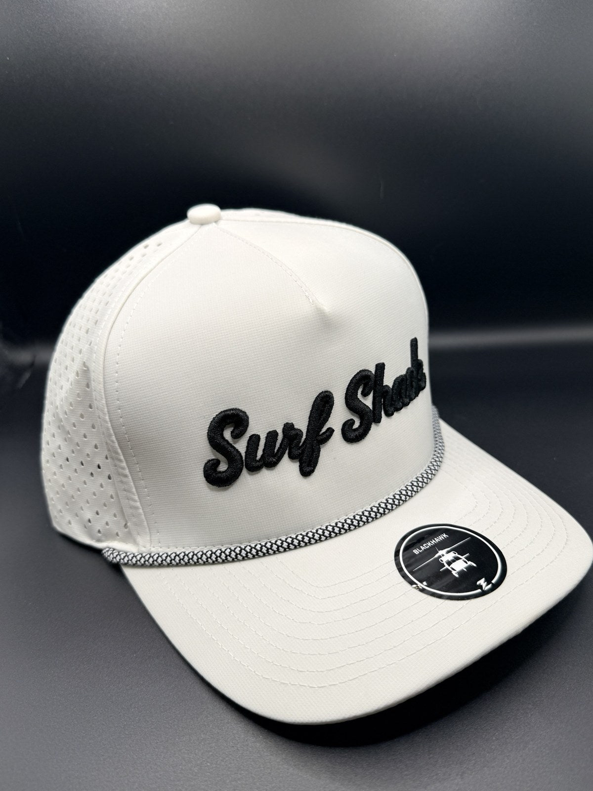 Surf Shack Hat, White, black script, black/white rope