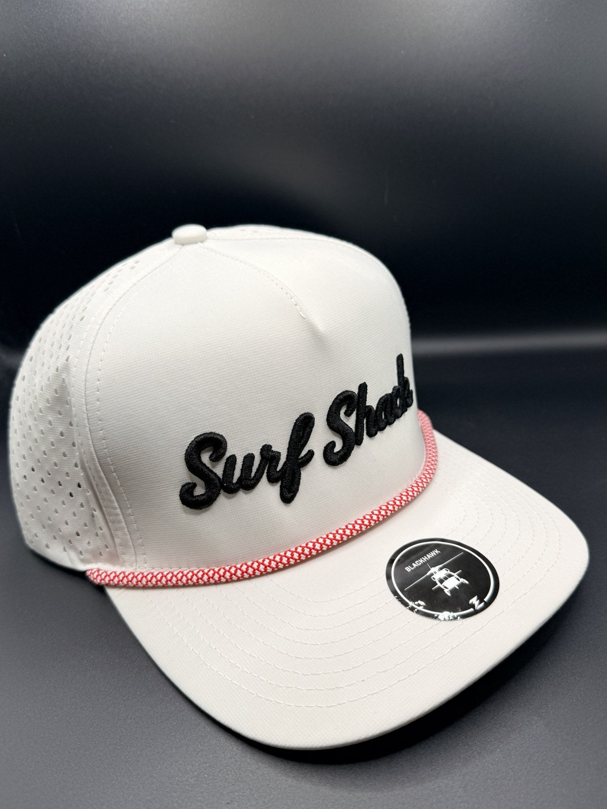 Surf Shack Hat, White, black script, red rope