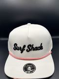 Surf Shack Hat, White, black script, red rope