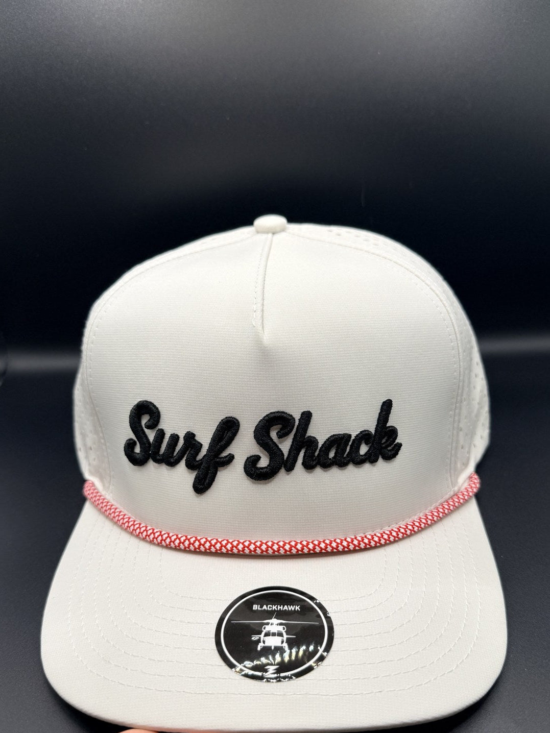 Surf Shack Hat, White, black script, red rope
