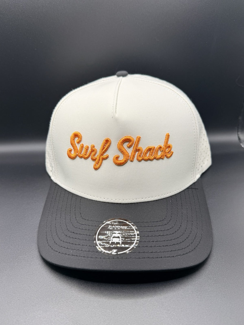 Surf Shack Hat, White crown, black brim, burnt orange script