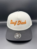 Surf Shack Hat, White crown, black brim, burnt orange script