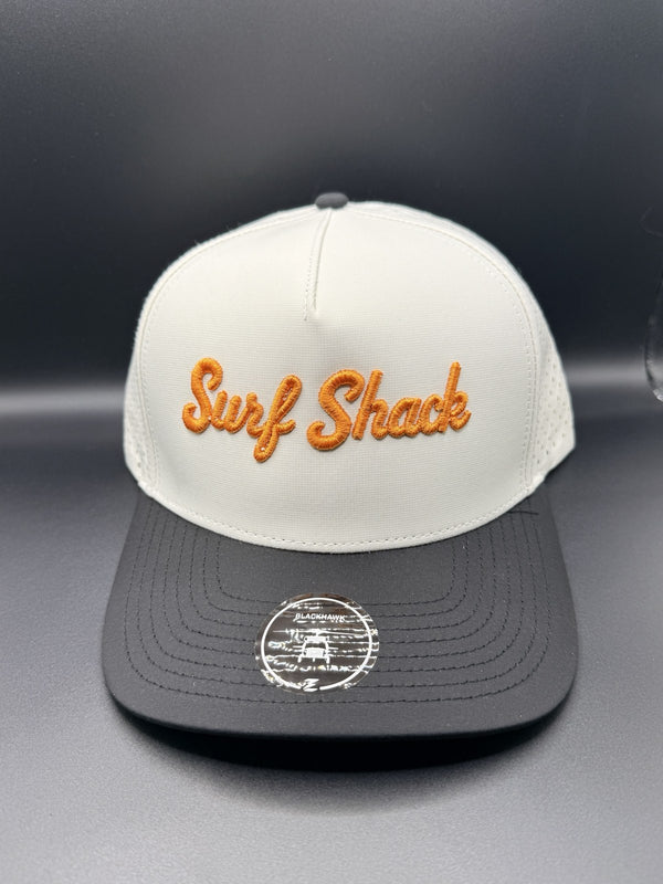 Surf Shack Hat, White crown, black brim, burnt orange script