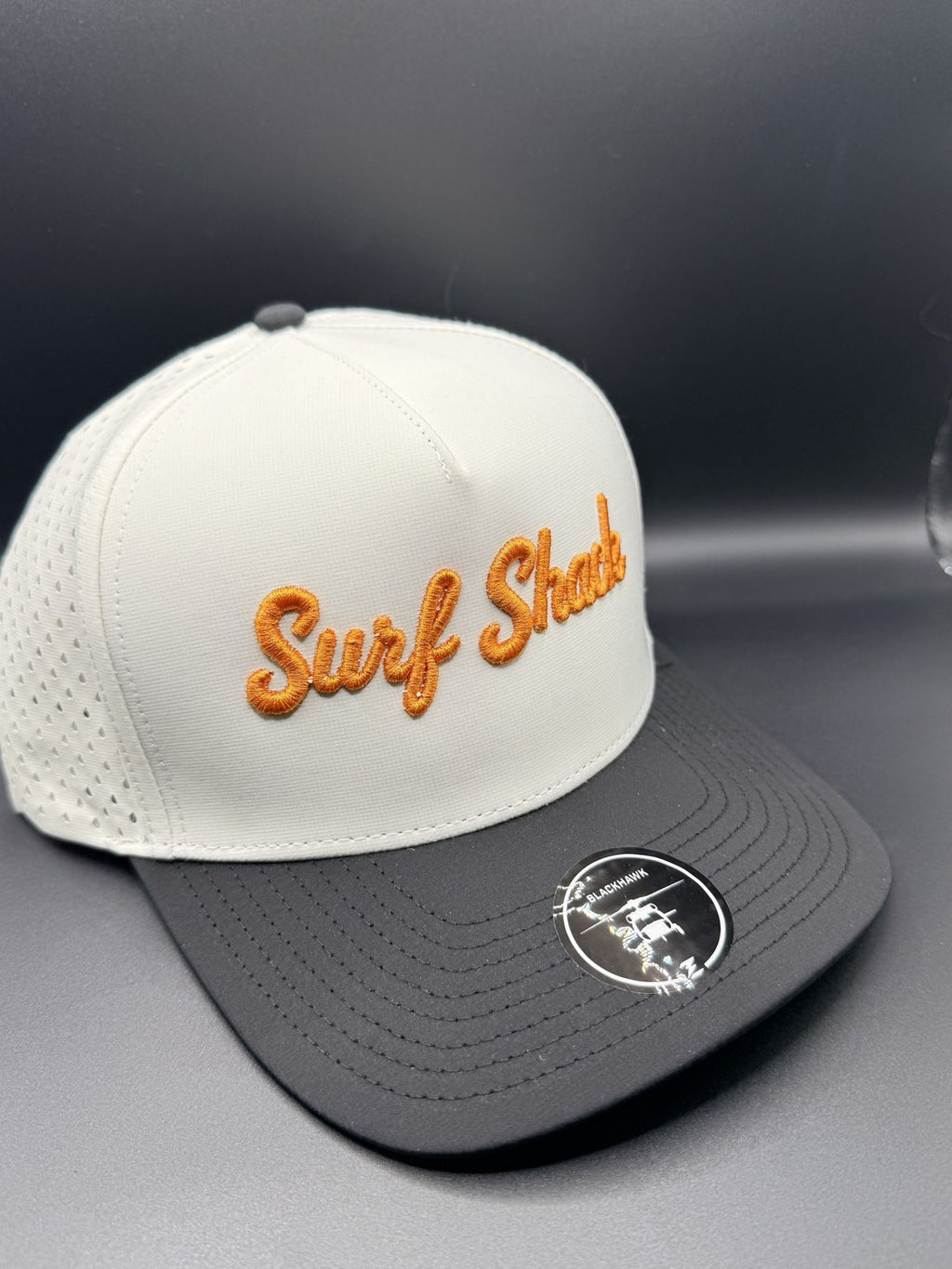 Surf Shack Hat, White crown, black brim, burnt orange script