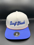 Surf Shack Hat, White crown, royal brim, royal script, orange rope