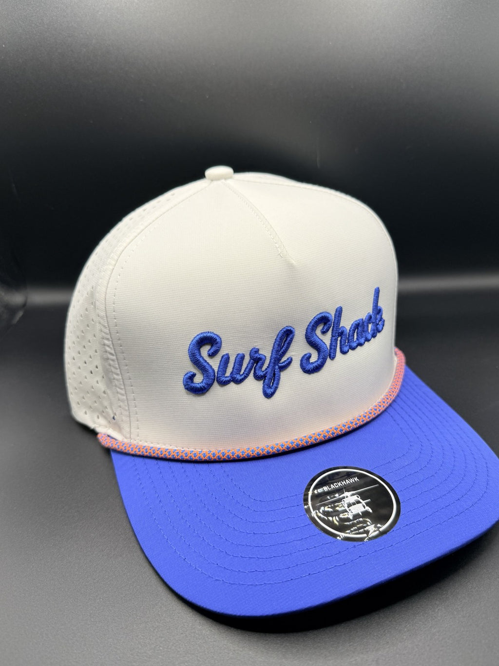 Surf Shack Hat, White crown, royal brim, royal script, orange rope