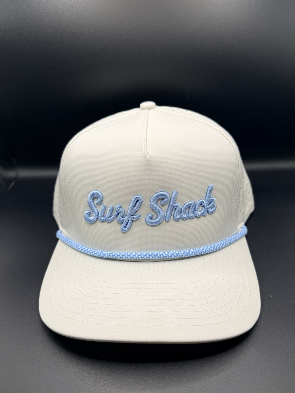 Surf Shack Hat, White, light blue script, light blue rope