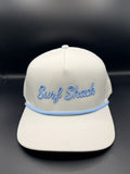 Surf Shack Hat, White, light blue script, light blue rope