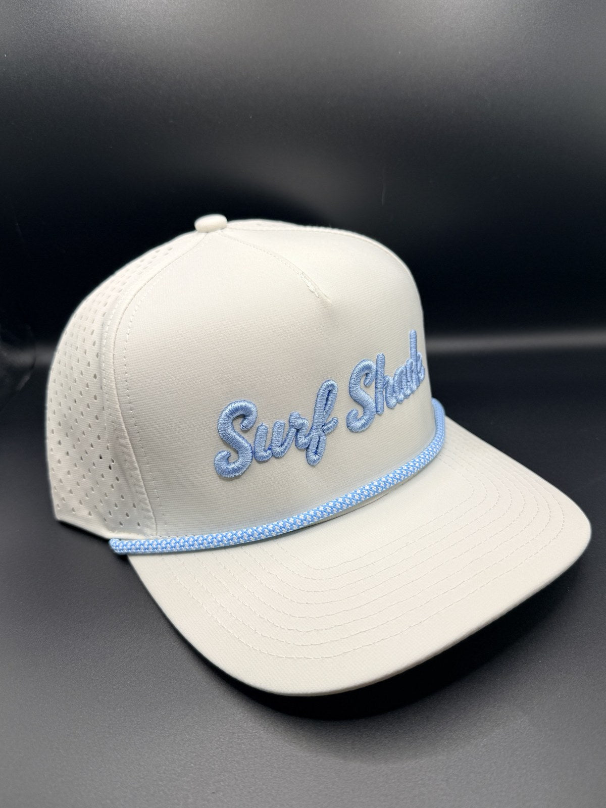 Surf Shack Hat, White, light blue script, light blue rope