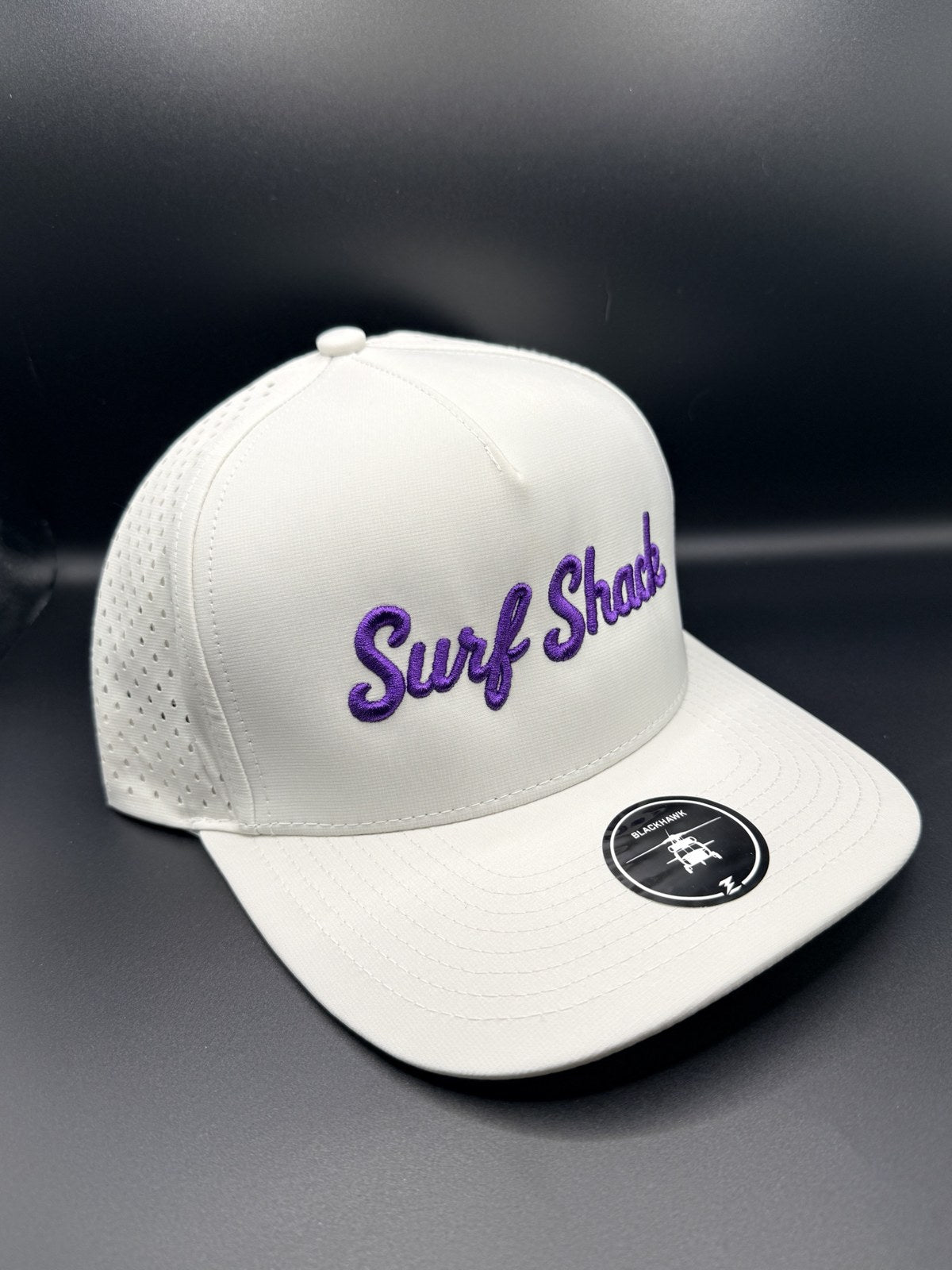 Surf Shack Hat, White, purple script