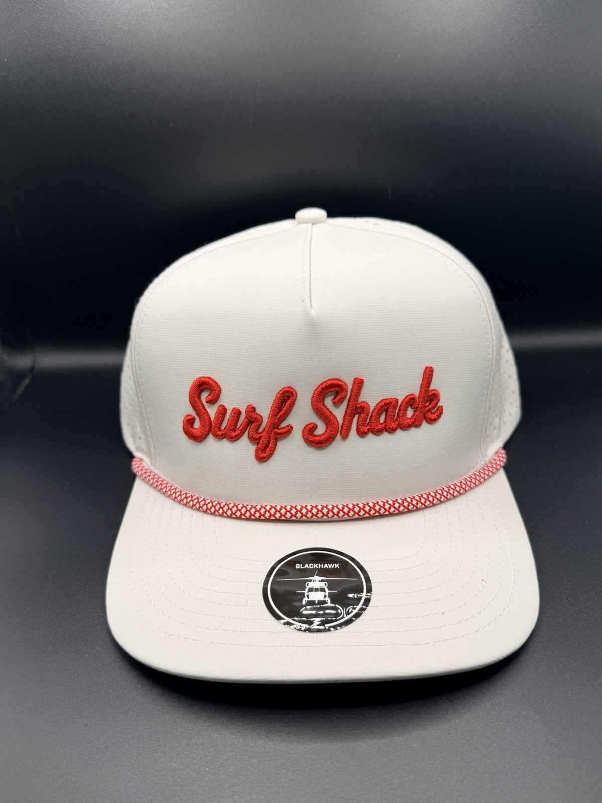 Surf Shack Hat, White, red script, red/white rope