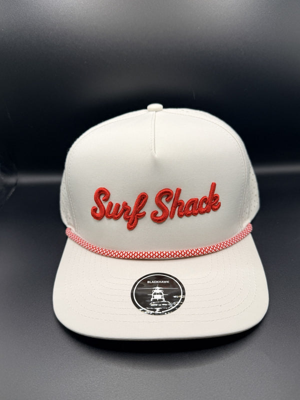 Surf Shack Hat, White, red script, red/white rope