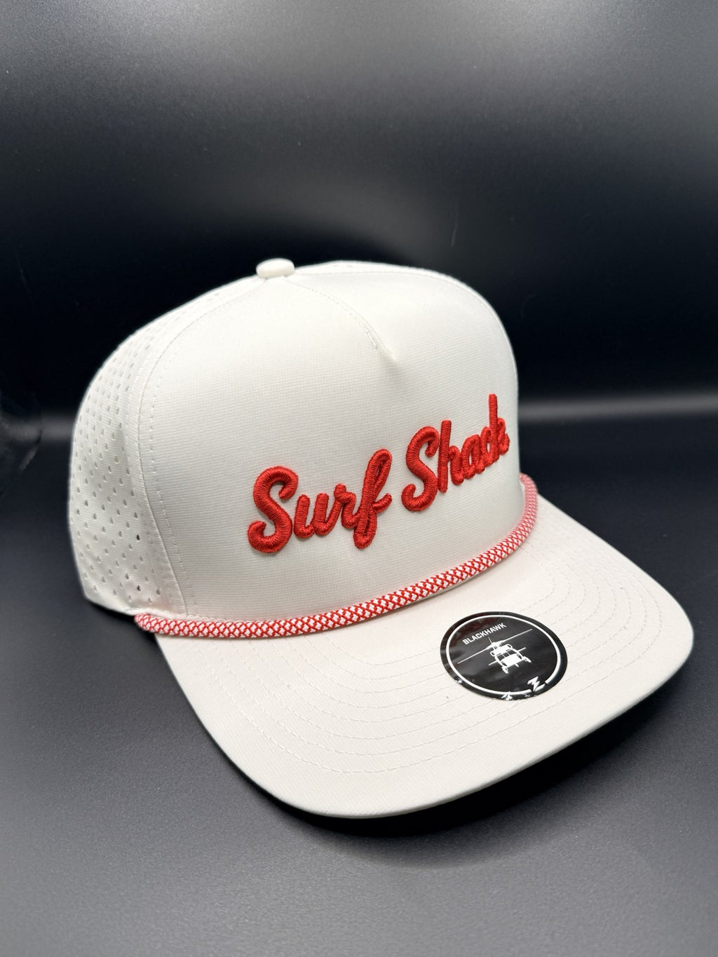 Surf Shack Hat, White, red script, red/white rope