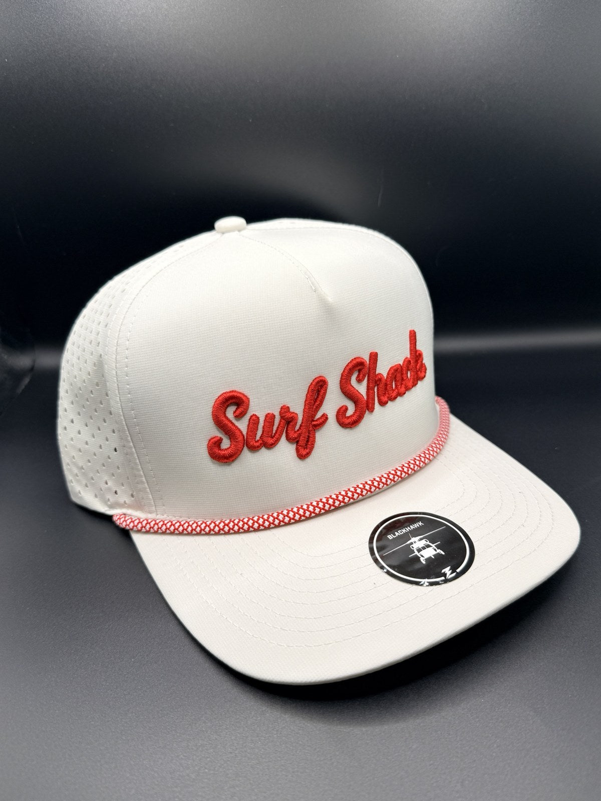 Surf Shack Hat, White, red script, red/white rope